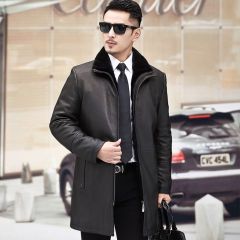 男士真皮翻领大衣外套